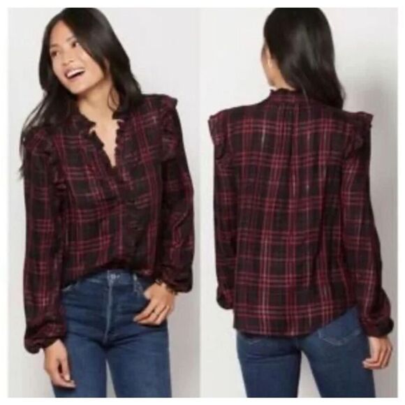 Evereve Charlotte Red Black Gold Ruffle Button Down Large - Picture 1 of 7